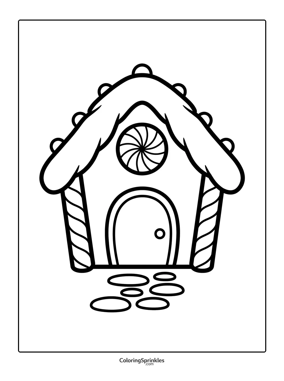Coloring page of a gingerbread house with candy cane pillars and a candy path