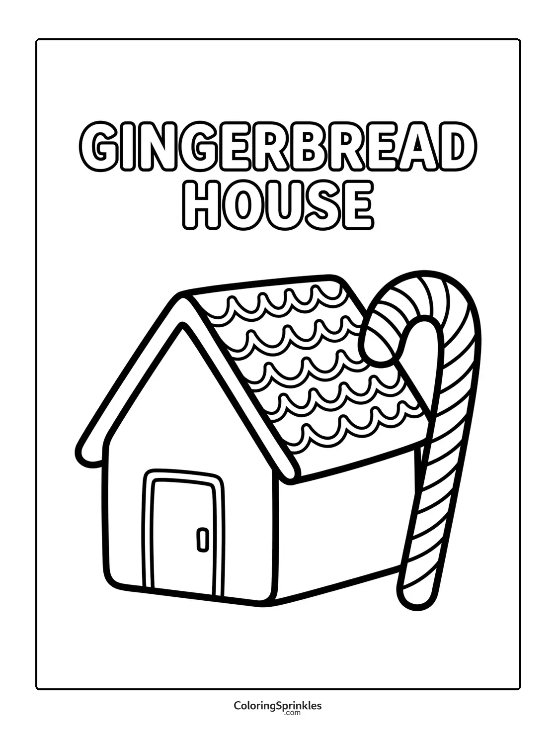 Coloring page of a gingerbread house with a candy cane and decorated roof