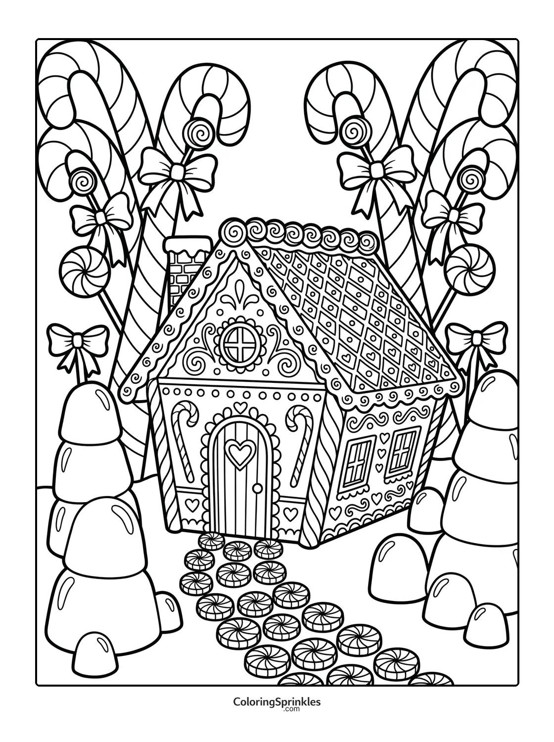 Coloring page of a gingerbread house with candy canes and peppermint path
