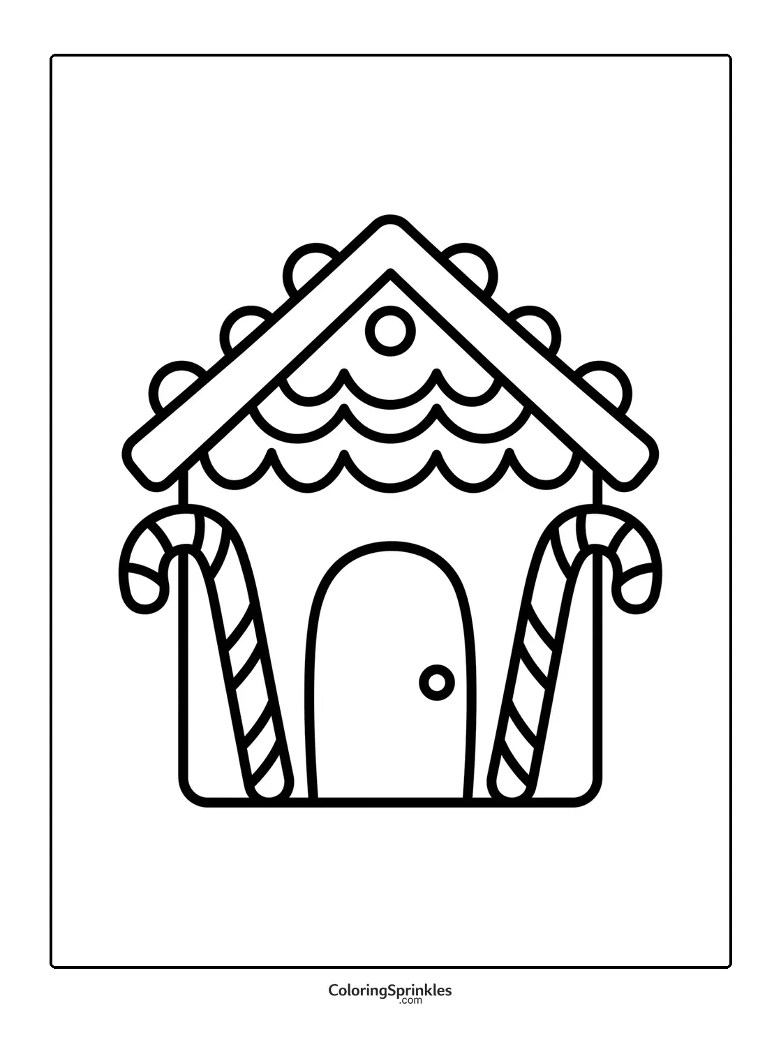 Coloring page of a simple gingerbread house with candy canes
