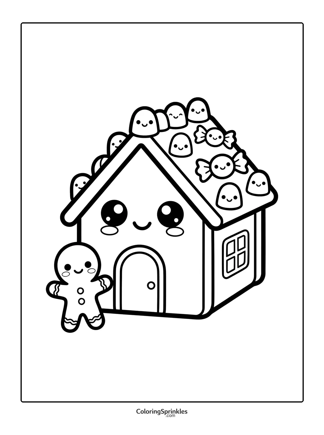Coloring page of a gingerbread house with candy decorations and a smiling gingerbread character