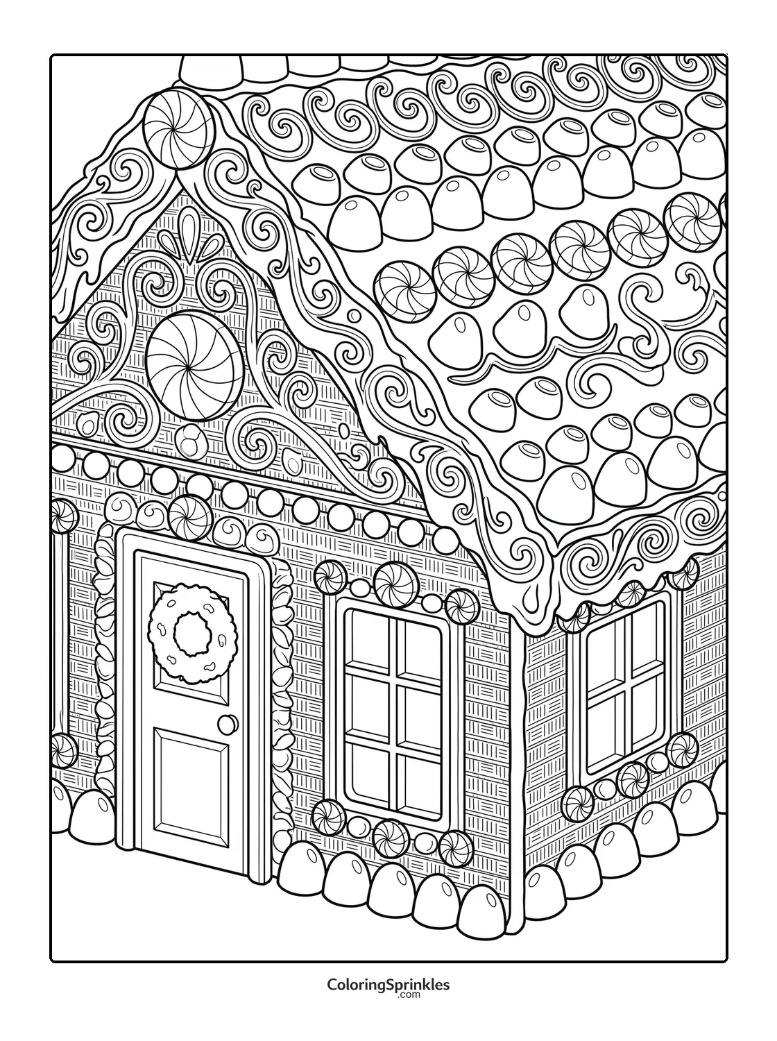 Coloring page of a gingerbread house decorated with candy and a wreath on the door