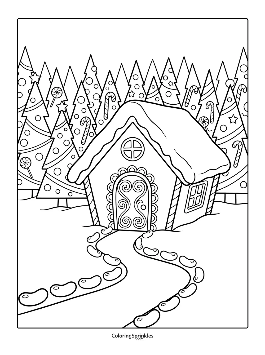 Coloring page of a gingerbread house with a candy path and candy-decorated trees