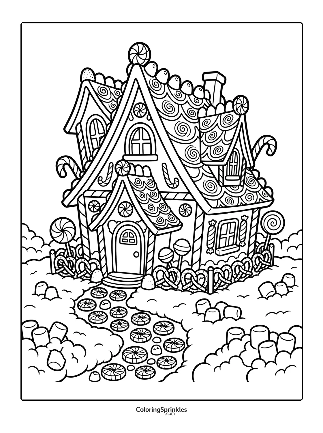 Coloring page of a gingerbread house with candy decorations and a candy path