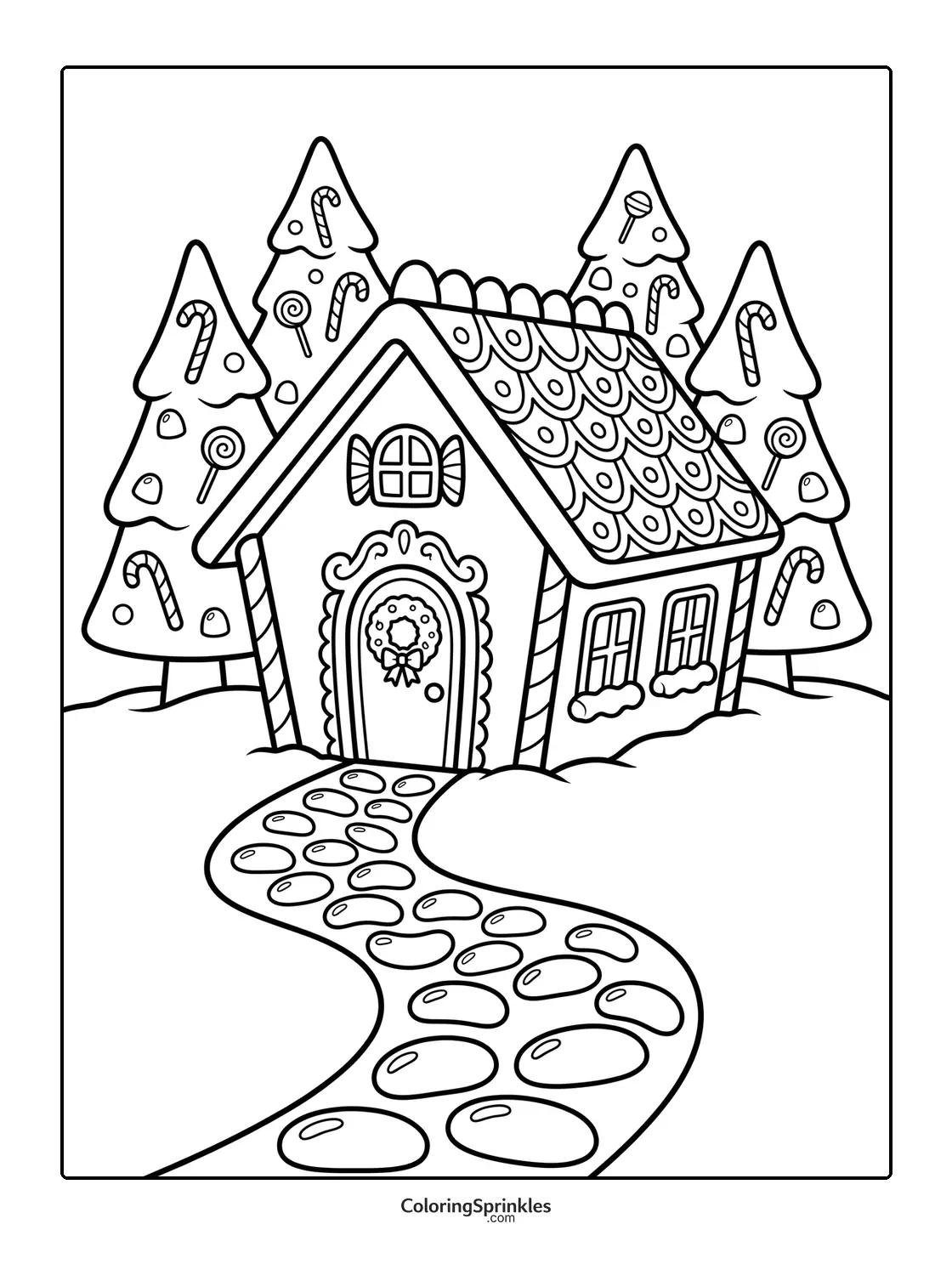 Coloring page of a gingerbread house with candy-decorated trees and a stone path
