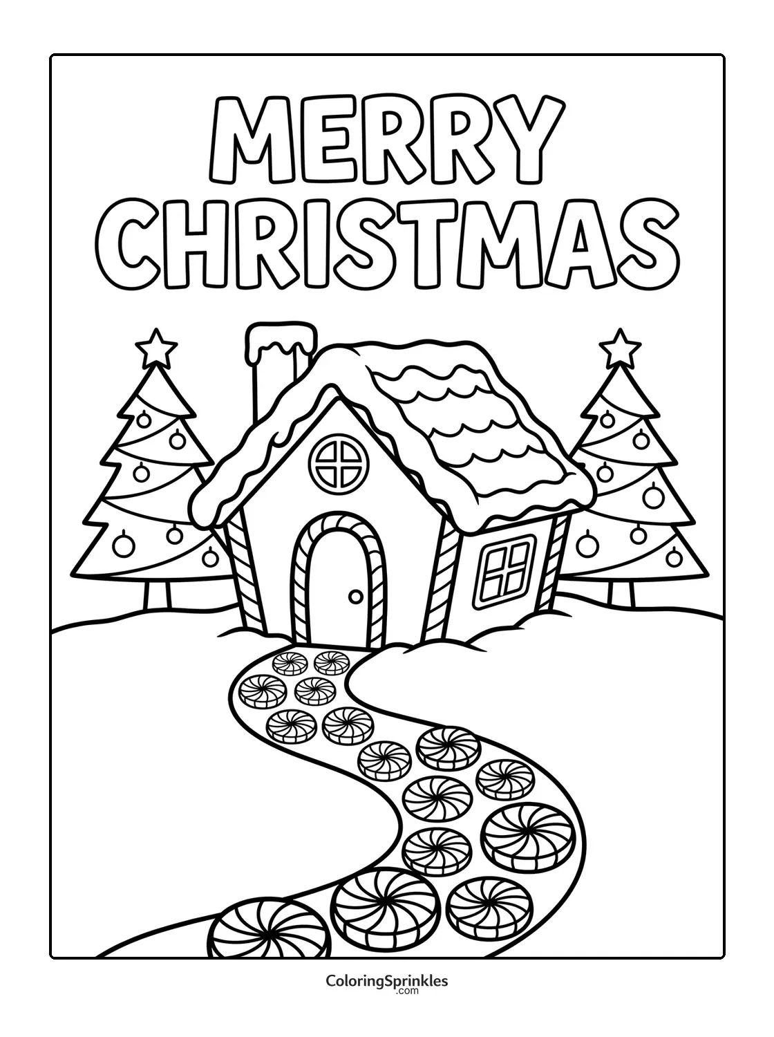 Coloring page of a gingerbread house with Christmas trees and a candy path