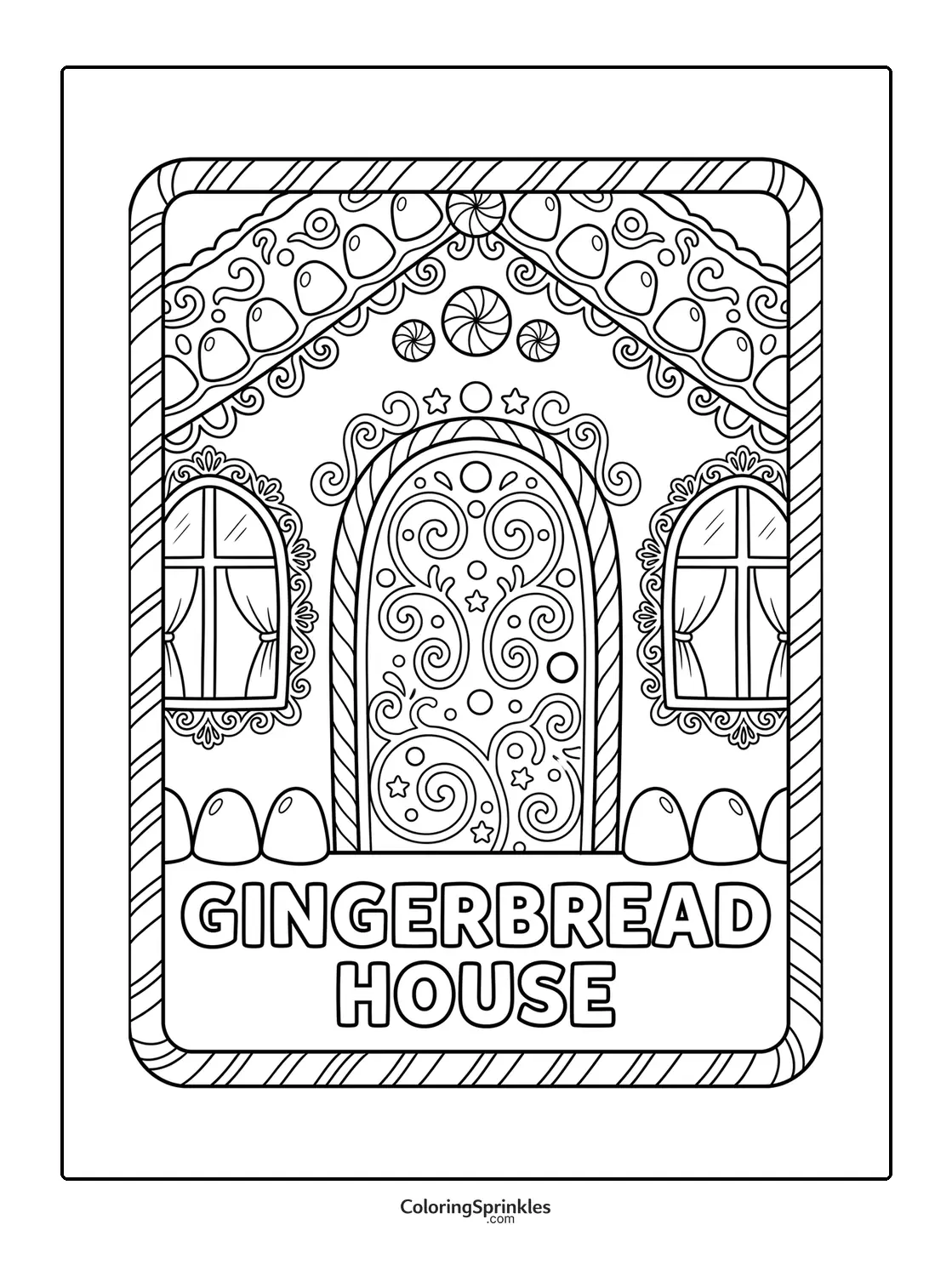Coloring page of a gingerbread house with decorated door and windows