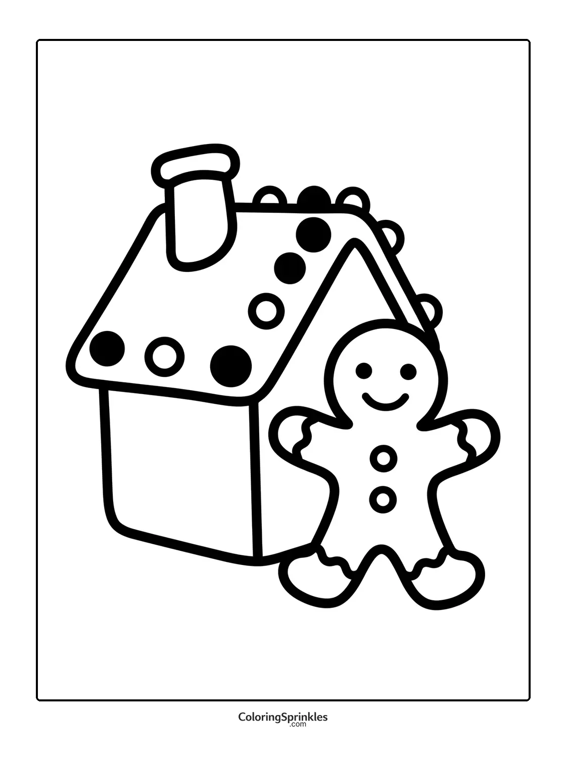 Coloring page of a gingerbread house with a gingerbread man