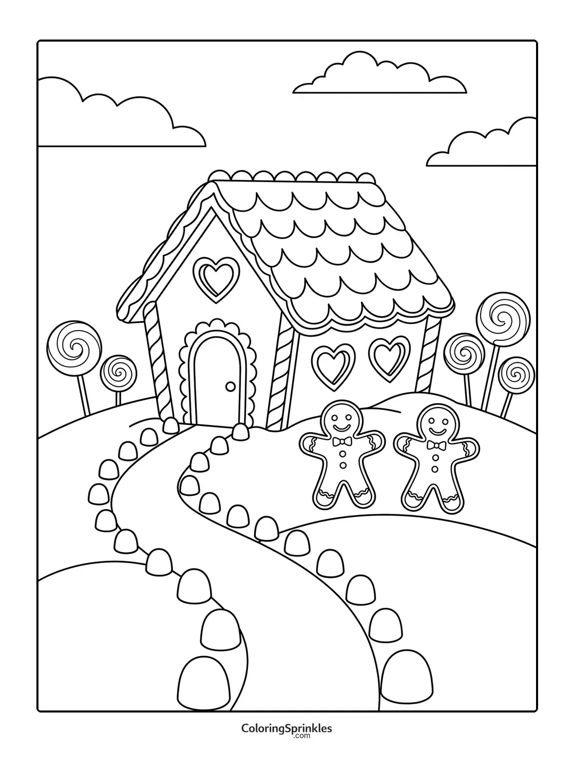 Coloring page of a gingerbread house with gingerbread people and lollipops