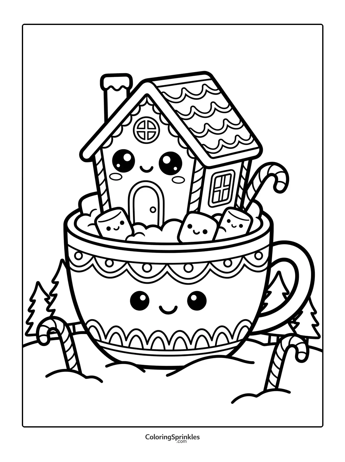 Coloring page of a gingerbread house in a cup of hot chocolate with marshmallows and candy canes