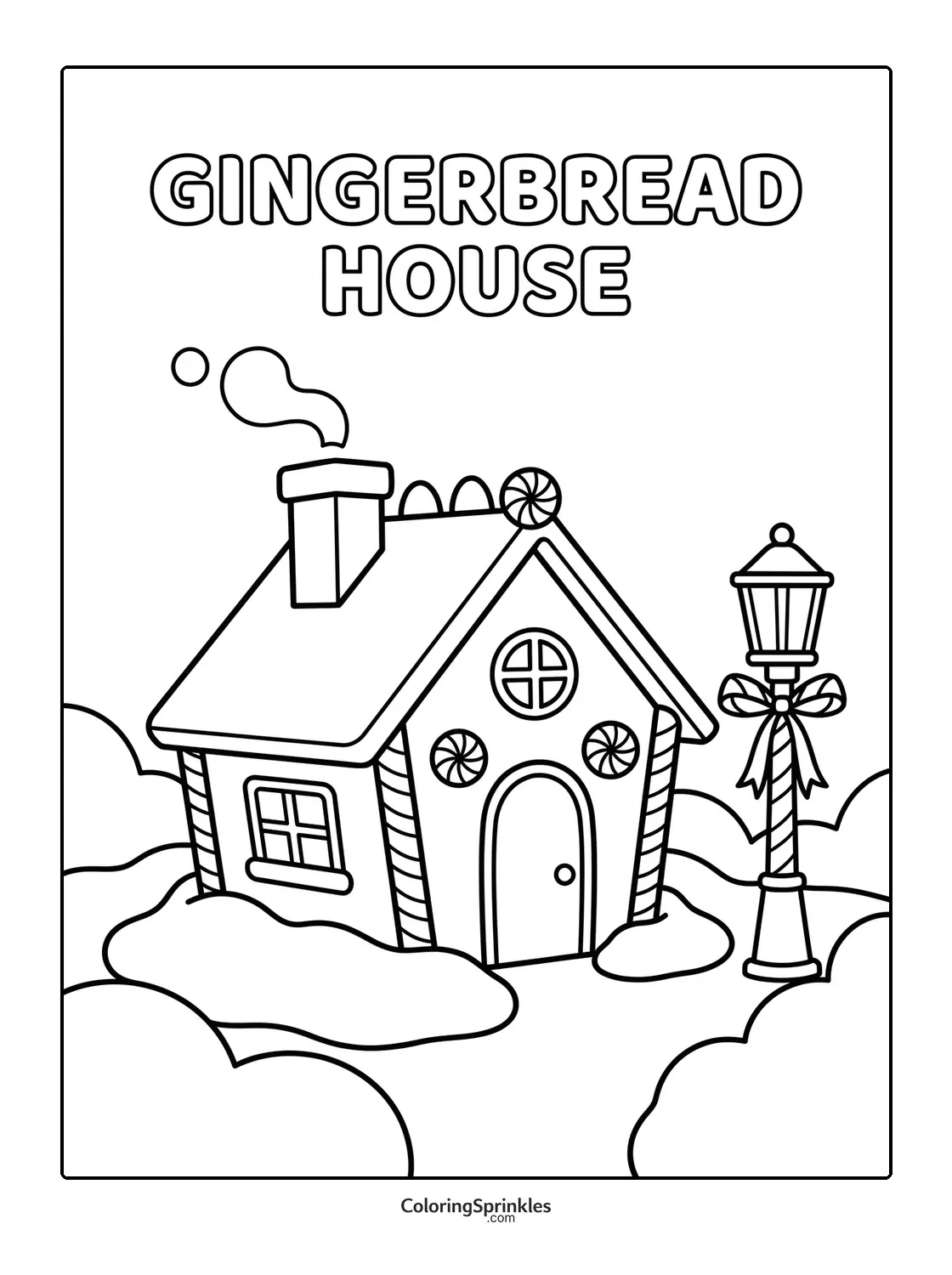 Coloring page of a gingerbread house with a lamp post and snow
