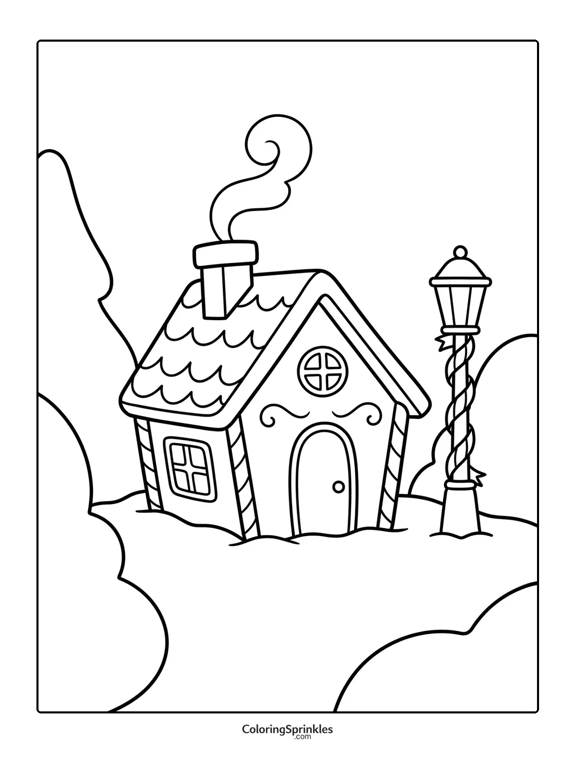 Coloring page of a gingerbread house with a lamp post in a winter setting
