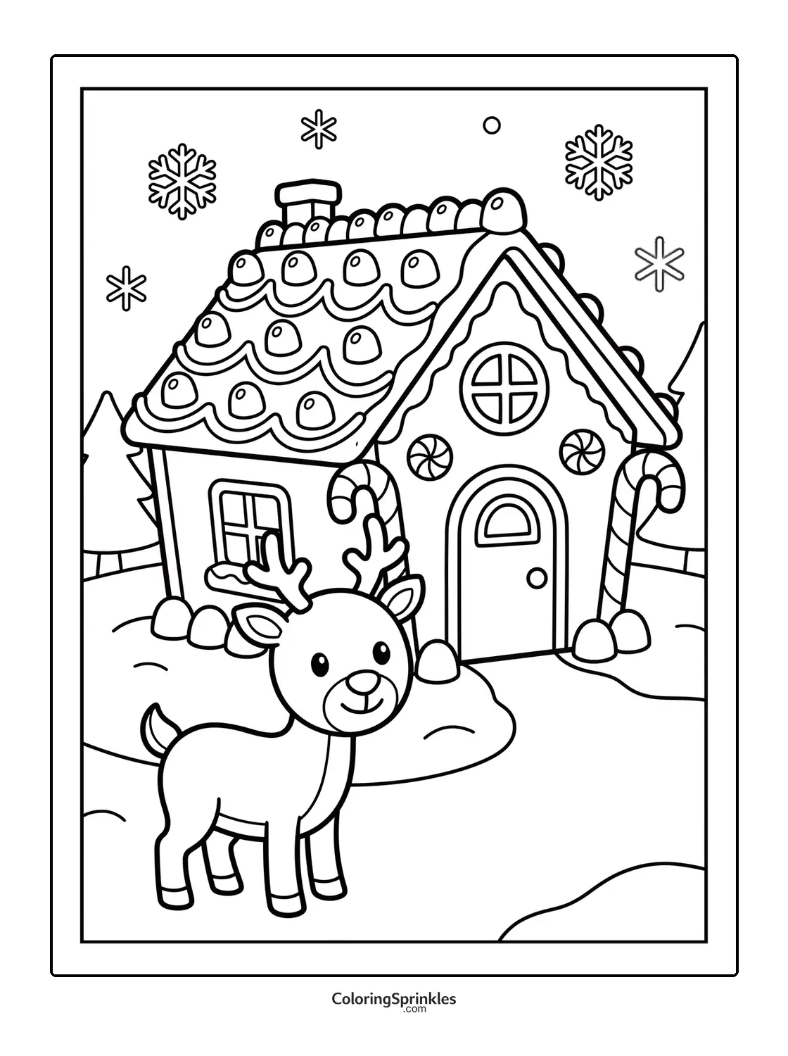 Coloring page of a gingerbread house with a reindeer and snowflakes