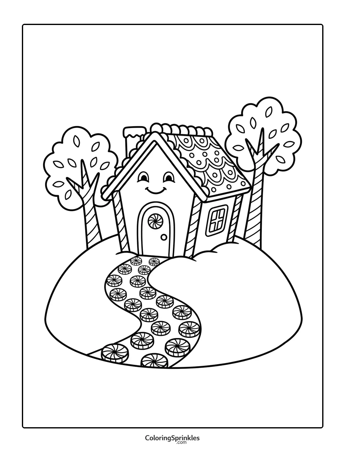 Coloring page of a smiling gingerbread house with a candy path and trees