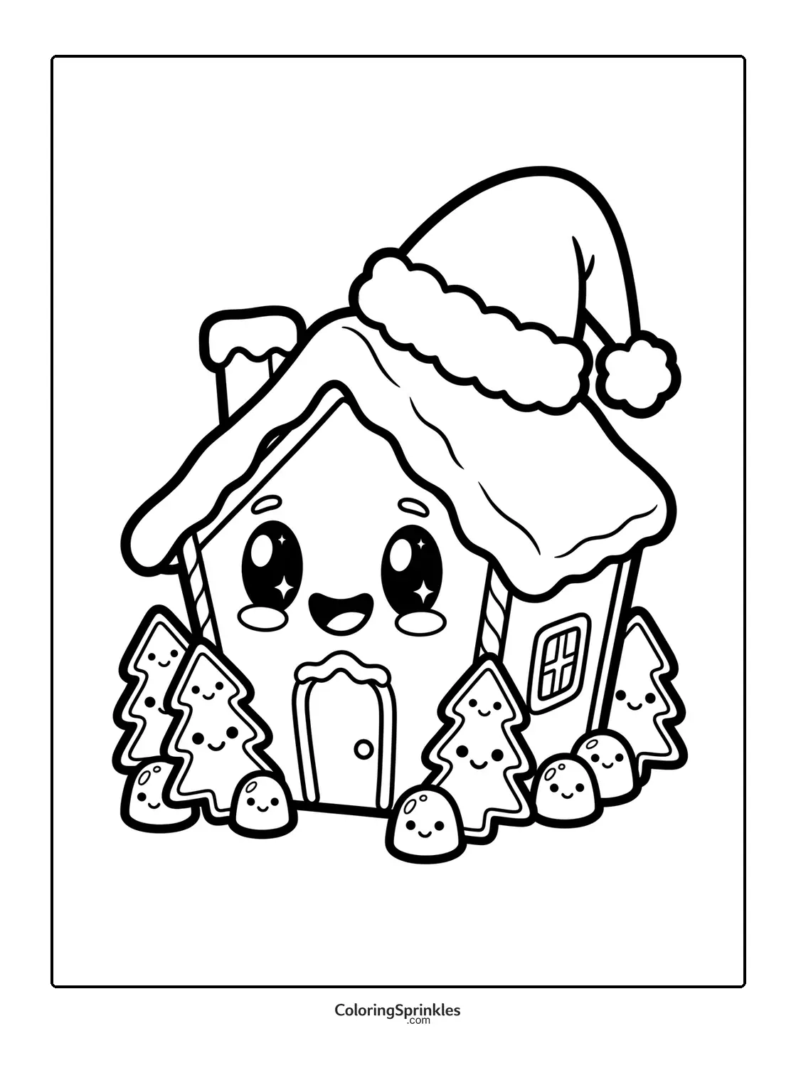 Coloring page of a smiling gingerbread house with candy trees