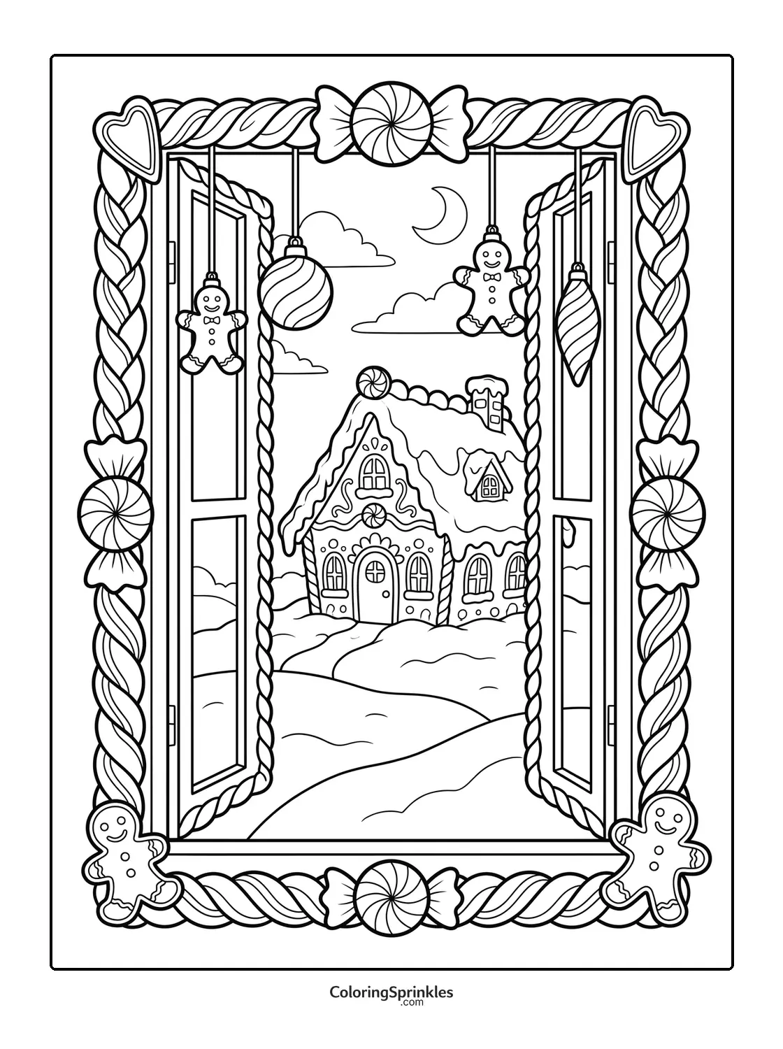 Coloring page of a gingerbread house seen through a decorated window with hanging gingerbread men