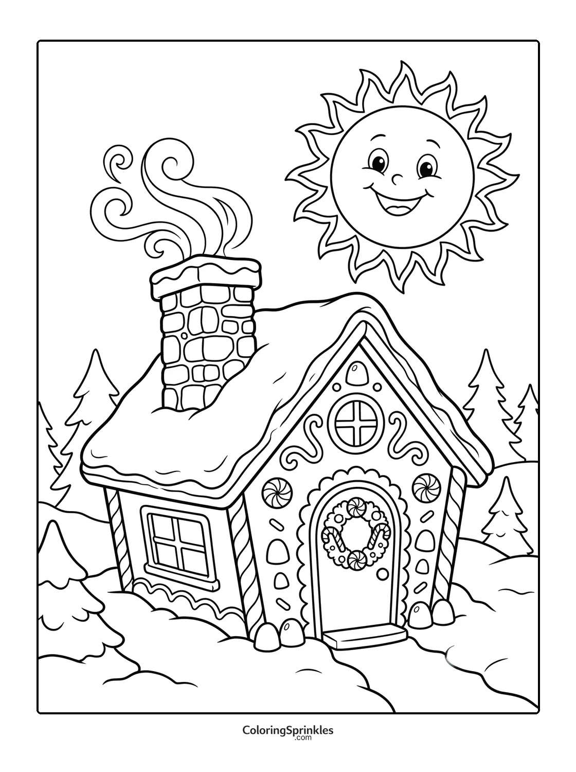 Coloring page of a gingerbread house with a wreath in a snowy forest under a smiling sun