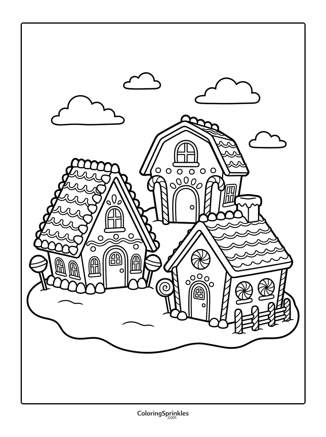 Coloring page of three gingerbread houses with candy decorations and lollipops