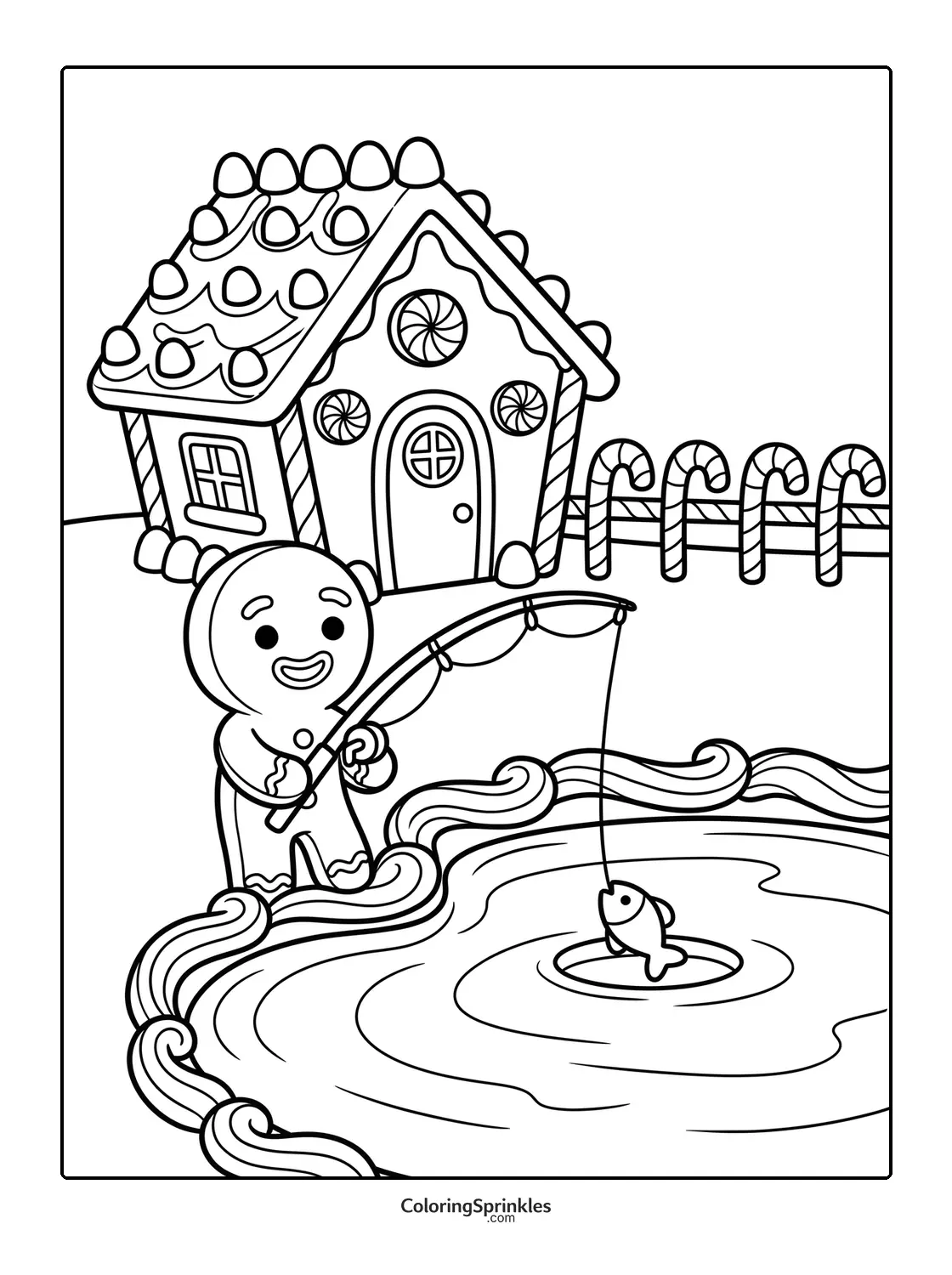 Coloring page of a gingerbread man fishing at a pond near a candy house