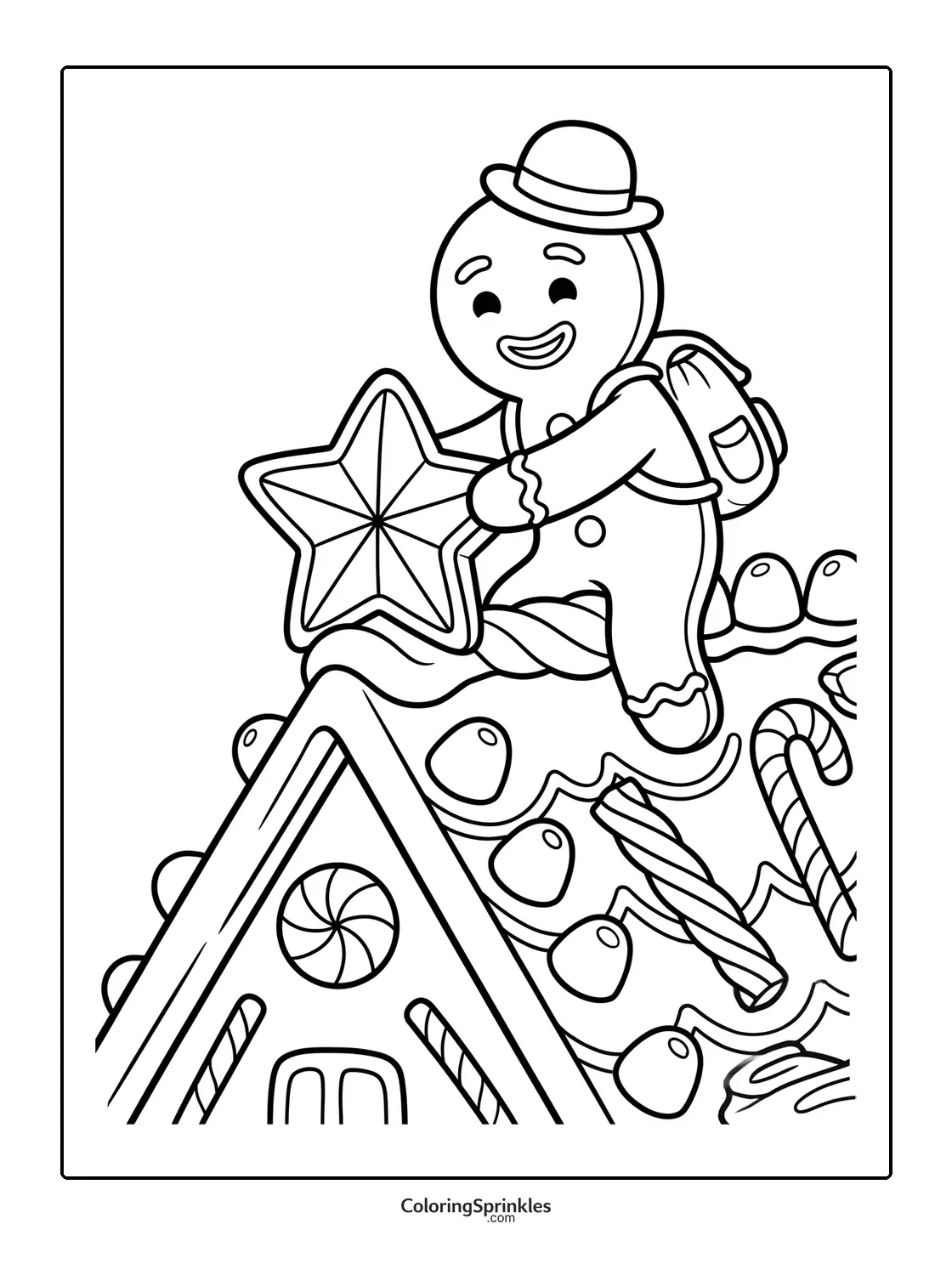 Coloring page of a gingerbread man placing a star on a gingerbread house rooftop