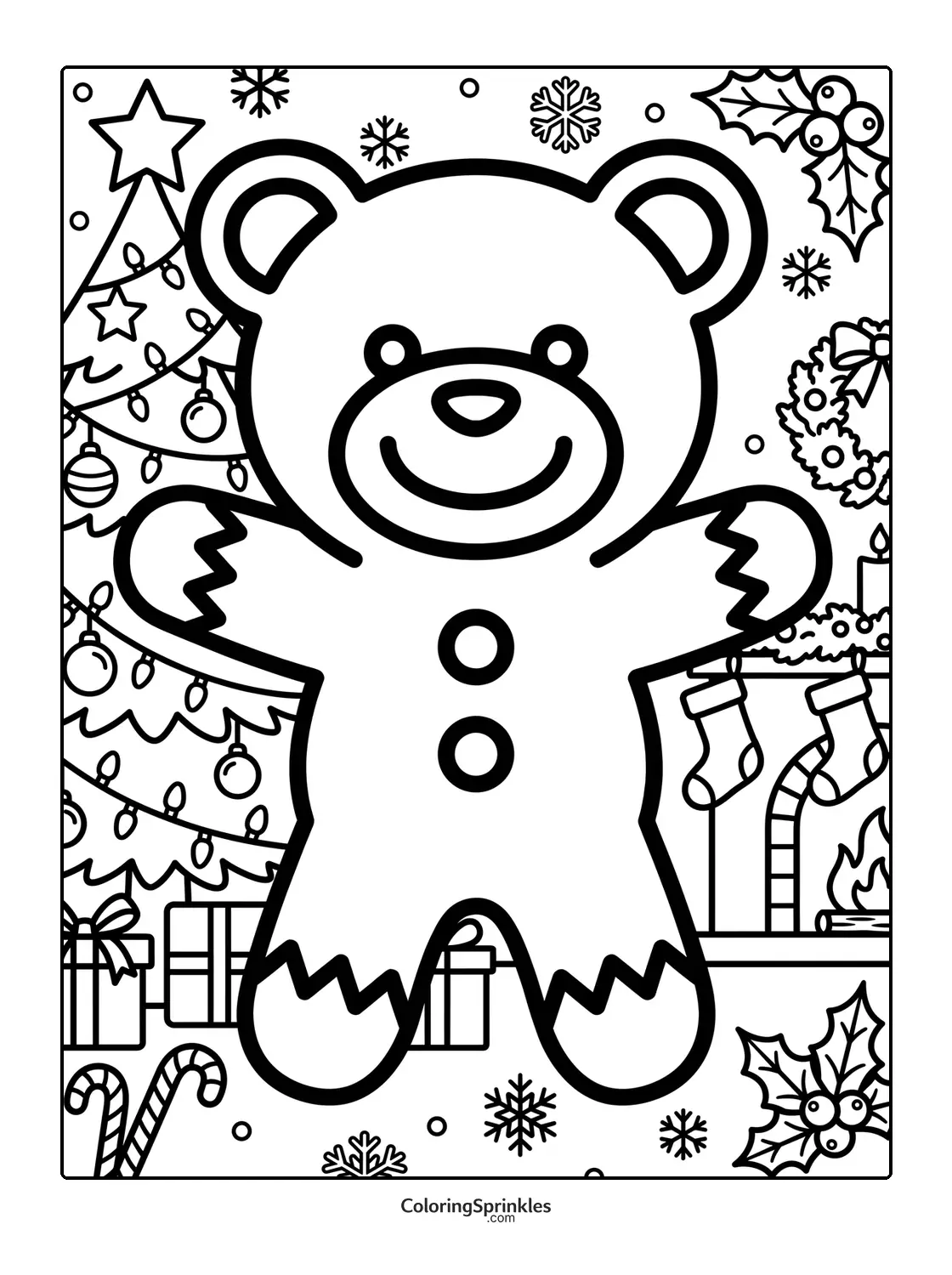 Coloring page of a gingerbread bear with a Christmas tree and fireplace background