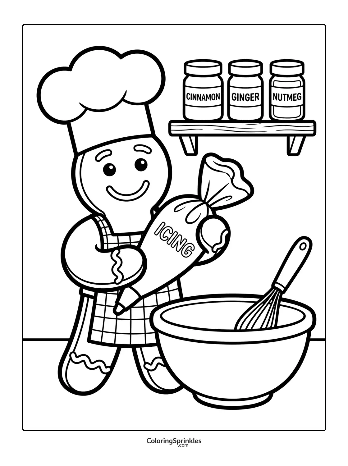 Coloring page of a gingerbread chef holding an icing bag next to a mixing bowl