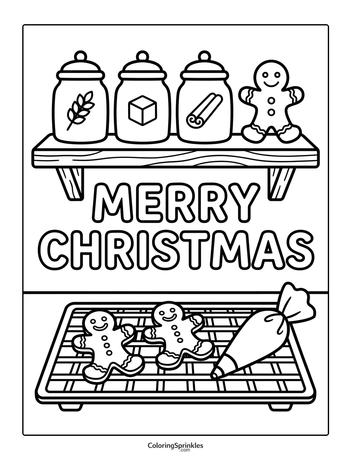 Coloring page of gingerbread cookies on a cooling rack with Merry Christmas text