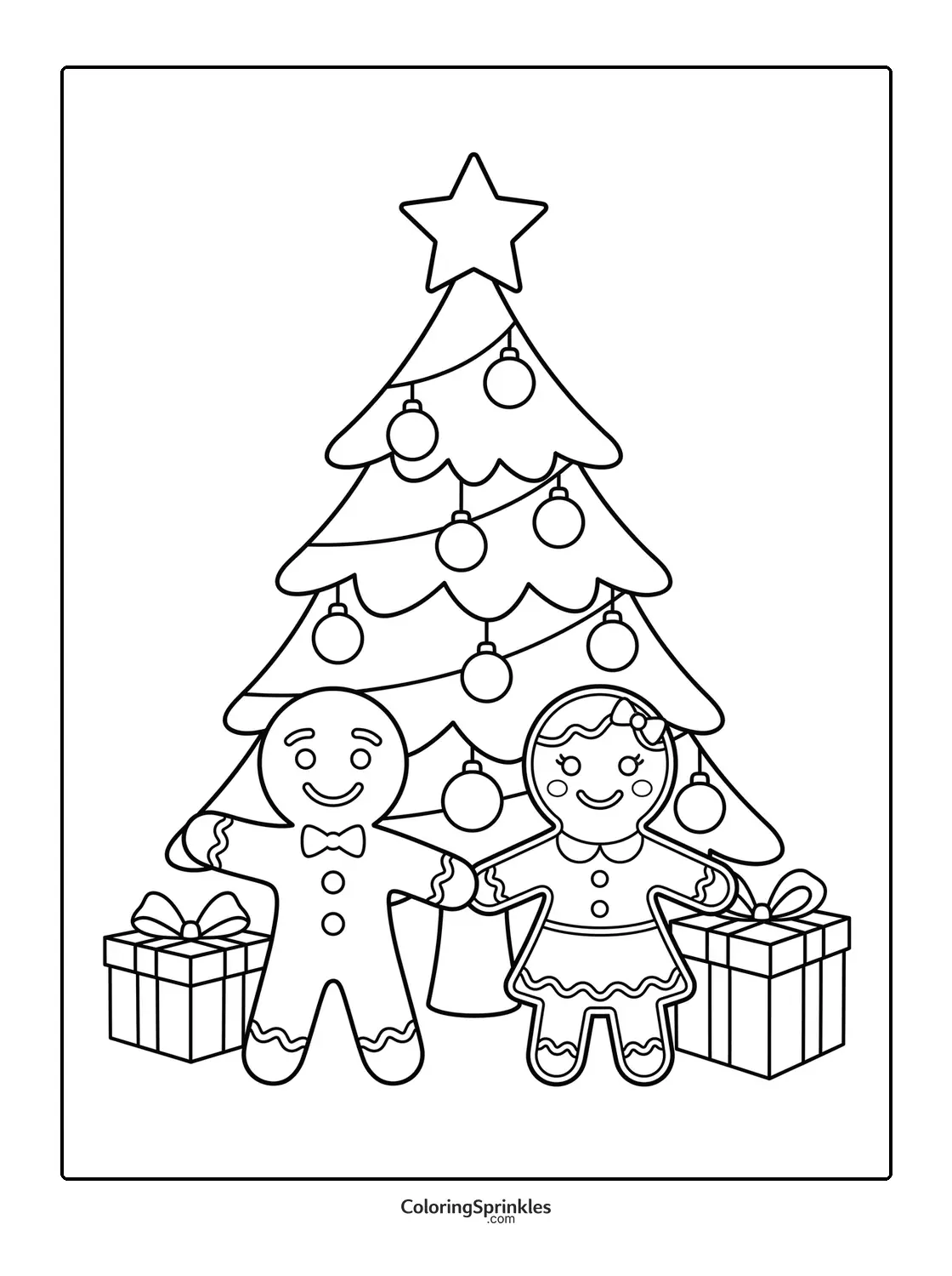 Coloring page of a gingerbread couple standing in front of a decorated Christmas tree with presents