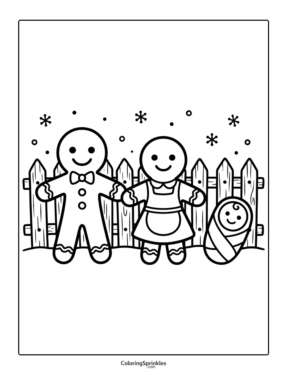 Coloring page of a gingerbread family with a baby in front of a fence with snowflakes