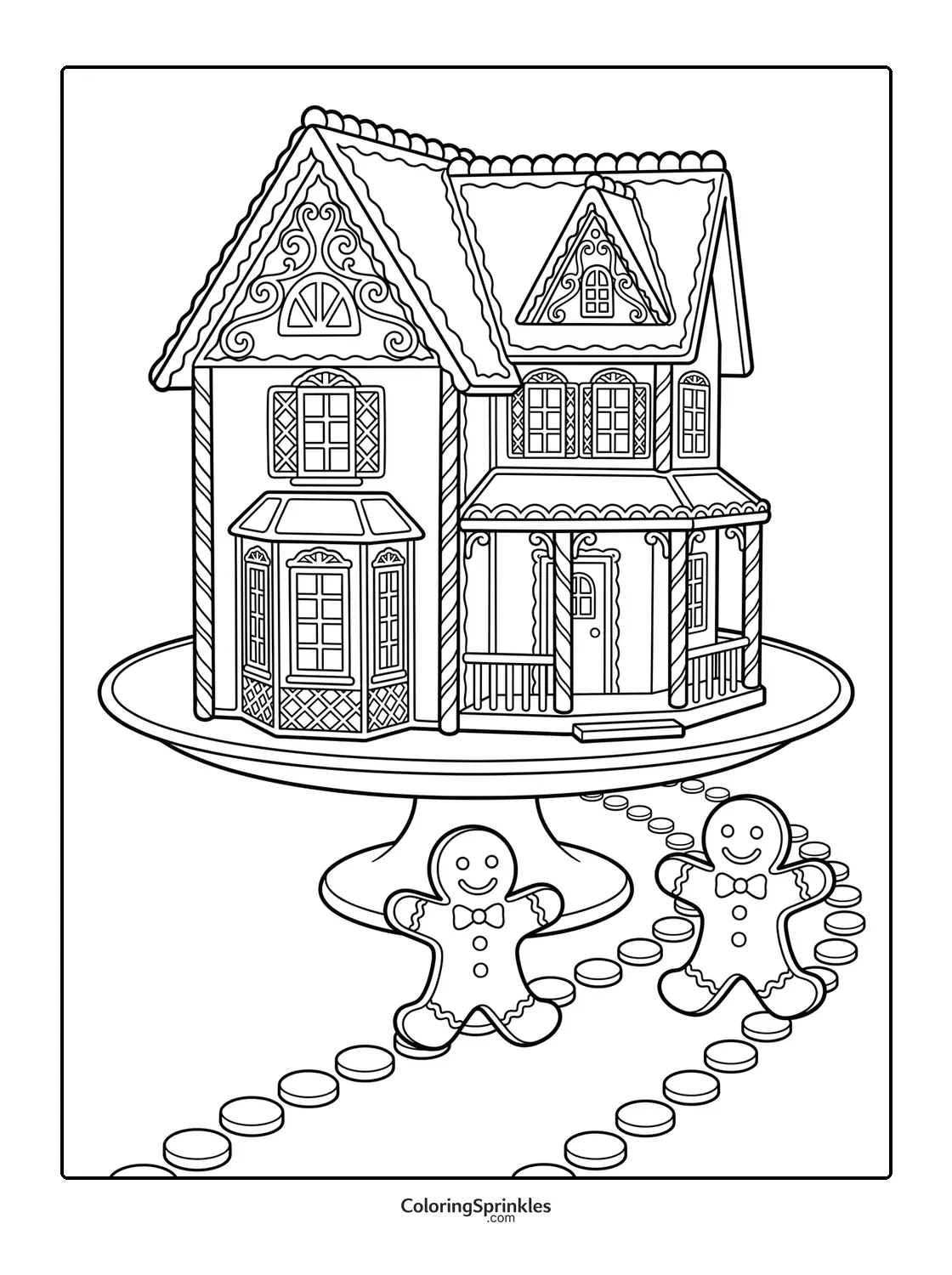 Coloring page of a gingerbread house on a cake stand with two gingerbread men