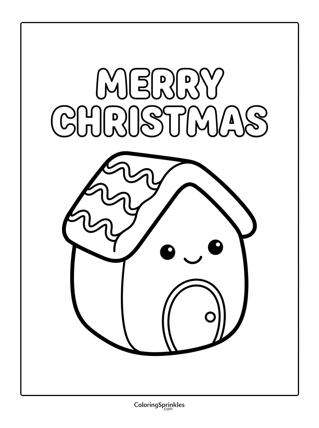 Coloring page of a smiling gingerbread house with Merry Christmas text