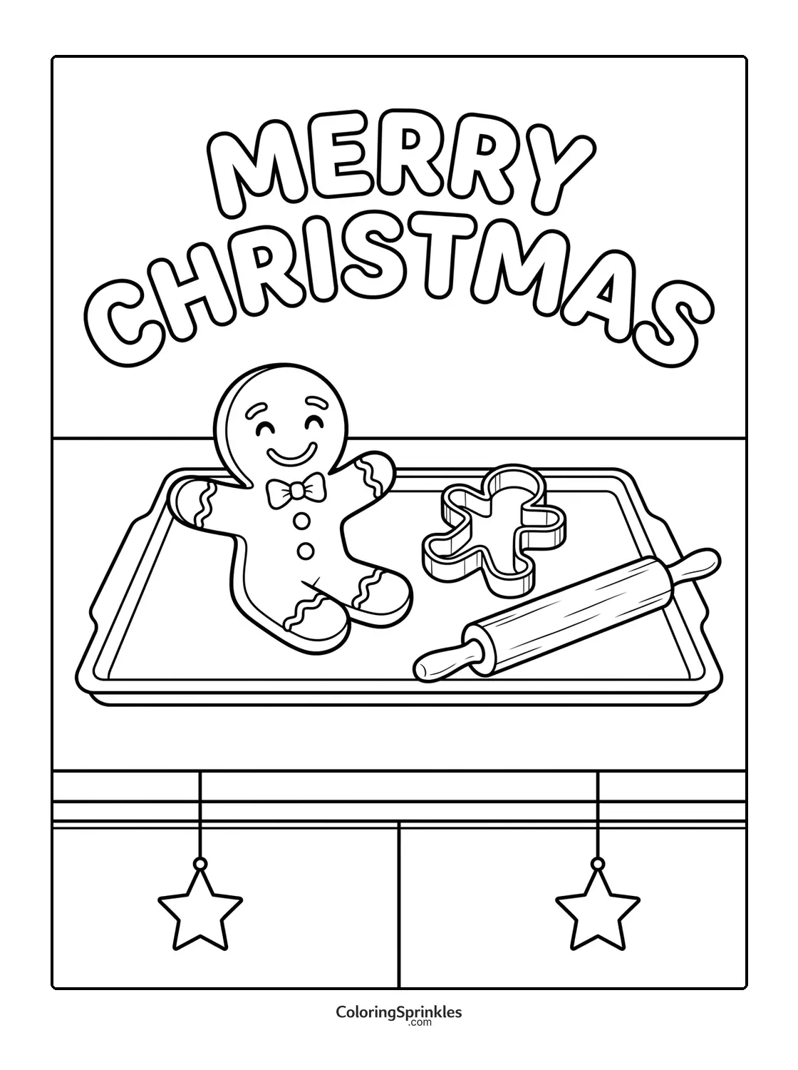Coloring page of a gingerbread man cookie on a baking tray with a rolling pin and cookie cutter