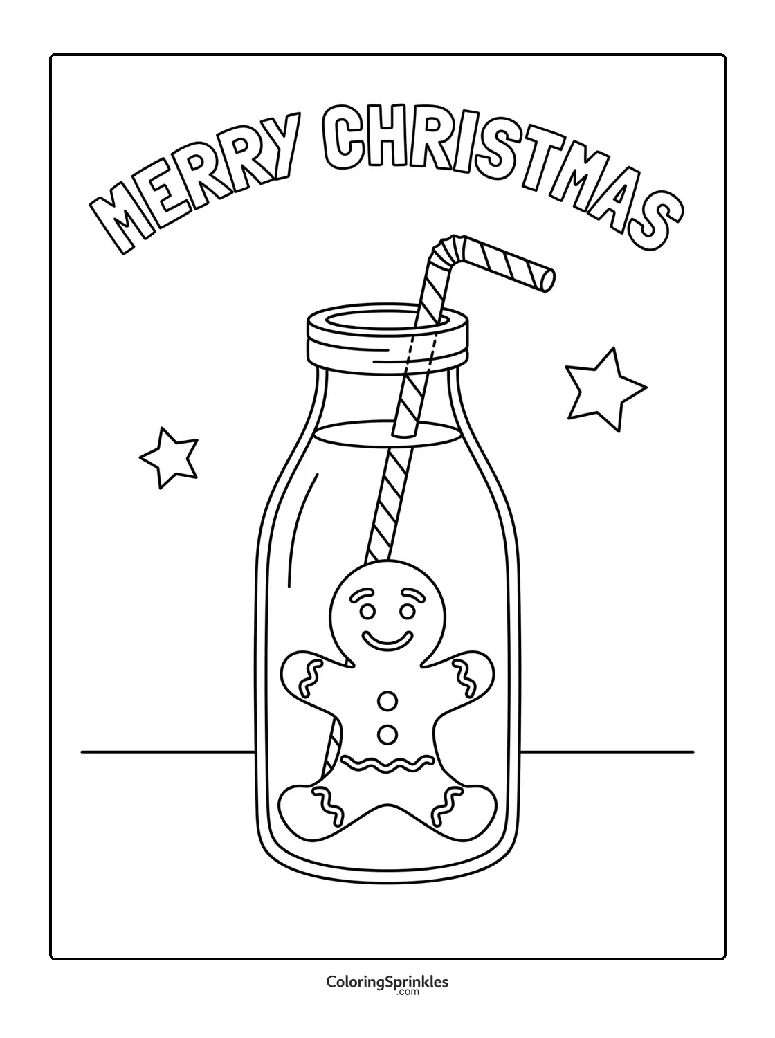 Coloring page of a gingerbread man inside a bottle with a straw and Merry Christmas text
