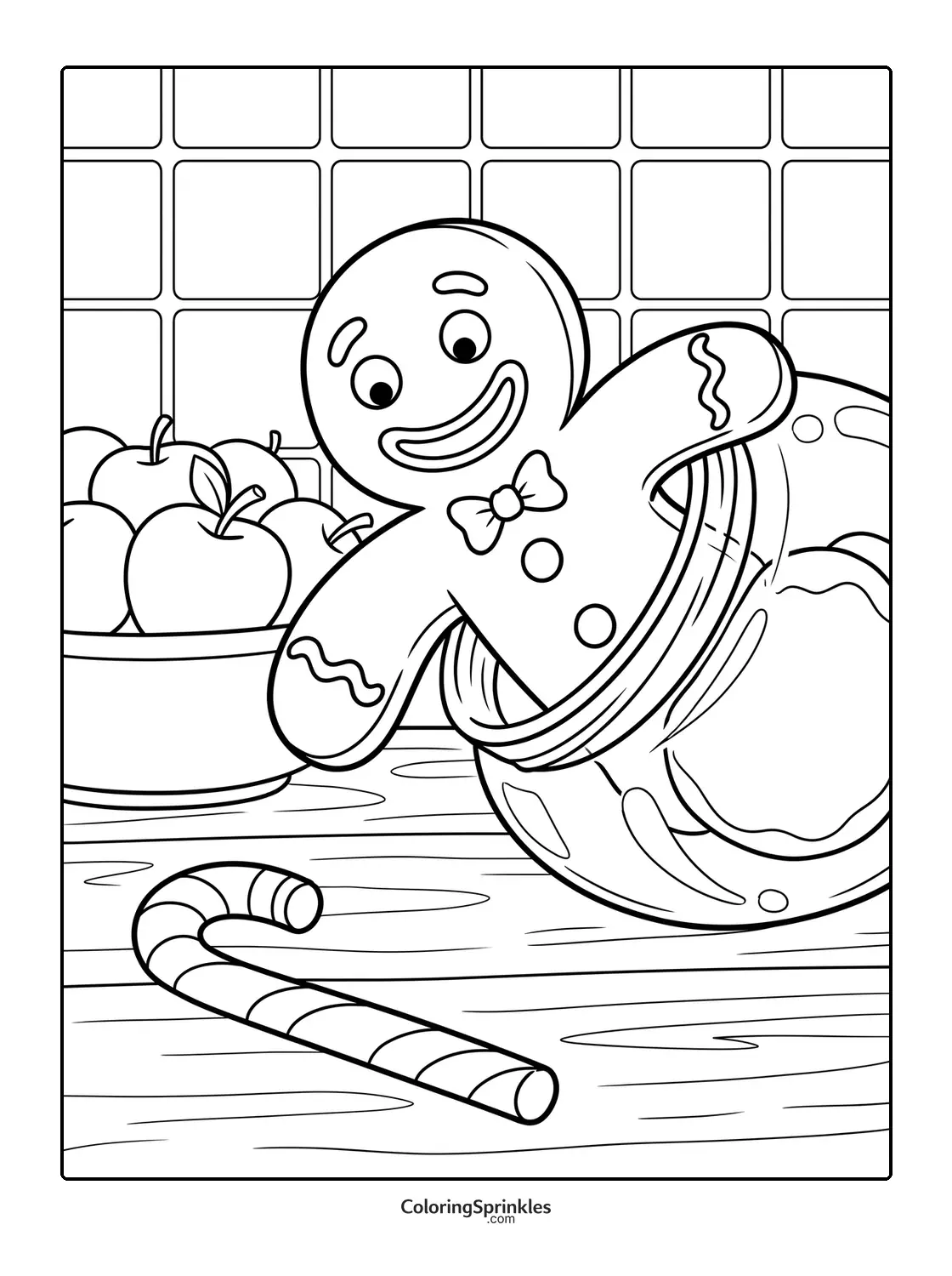 Coloring page of a gingerbread man in a bowl with apples and a candy cane