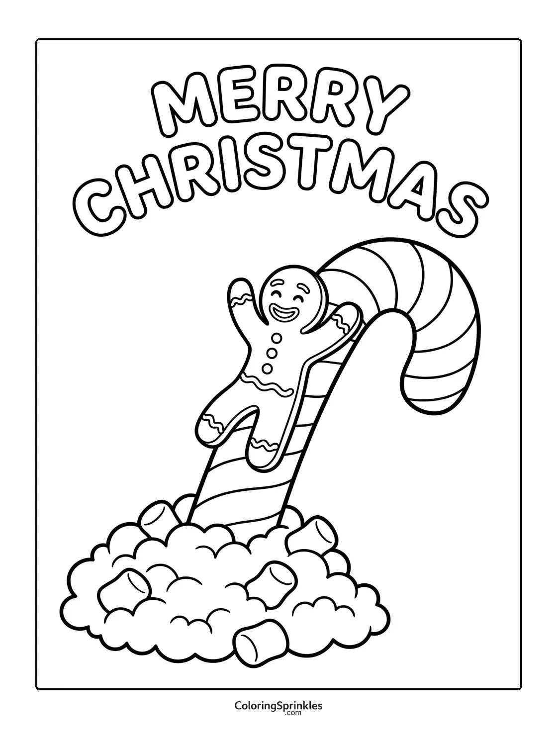 Coloring page of a gingerbread man sliding down a candy cane into marshmallows with Merry Christmas text