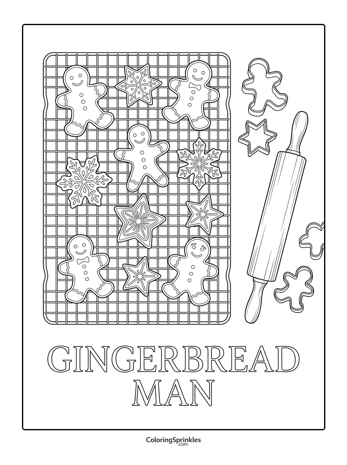 Coloring page of gingerbread man and star cookies on a cooling rack with a rolling pin