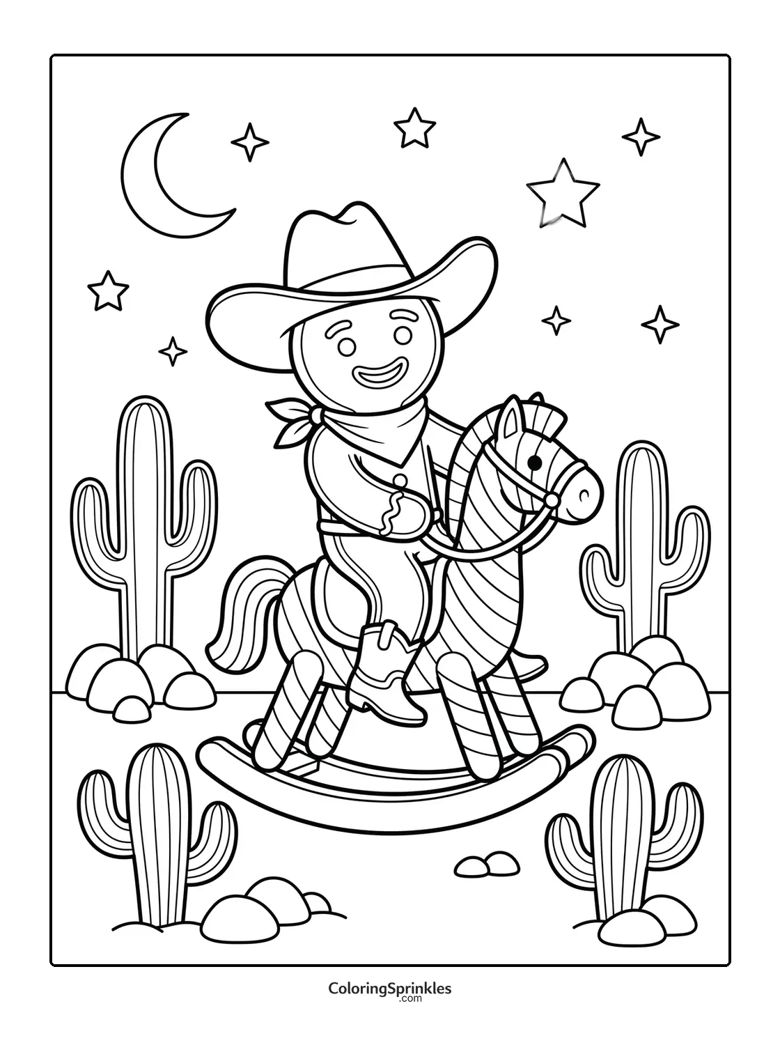 Coloring page of a gingerbread man cowboy riding a rocking horse in a desert at night