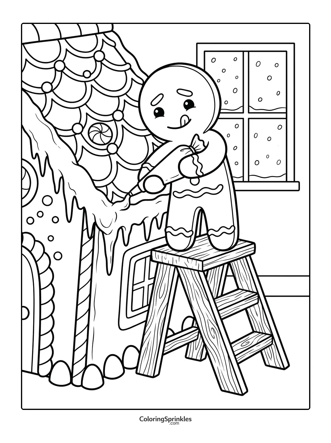 Coloring page of a gingerbread man decorating a gingerbread house on a ladder