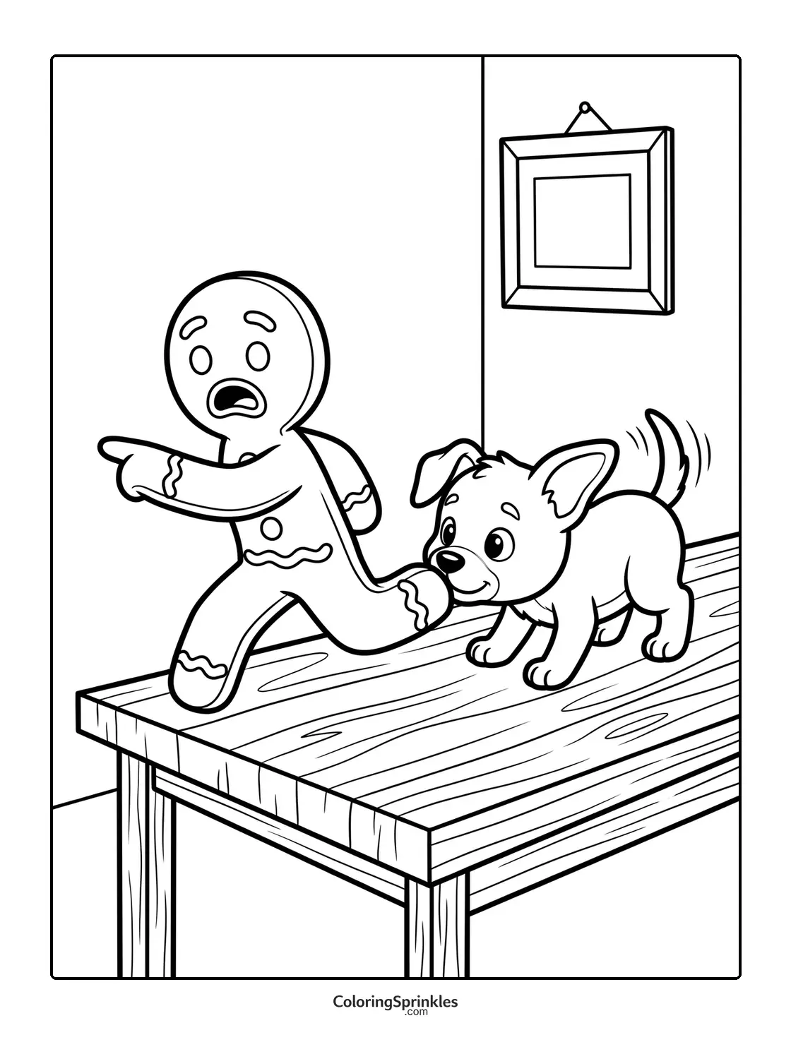 Coloring page of a gingerbread man running while a dog bites his leg on a table