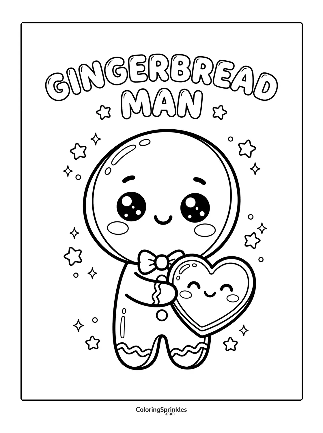 Coloring page of a cute gingerbread man holding a smiling heart