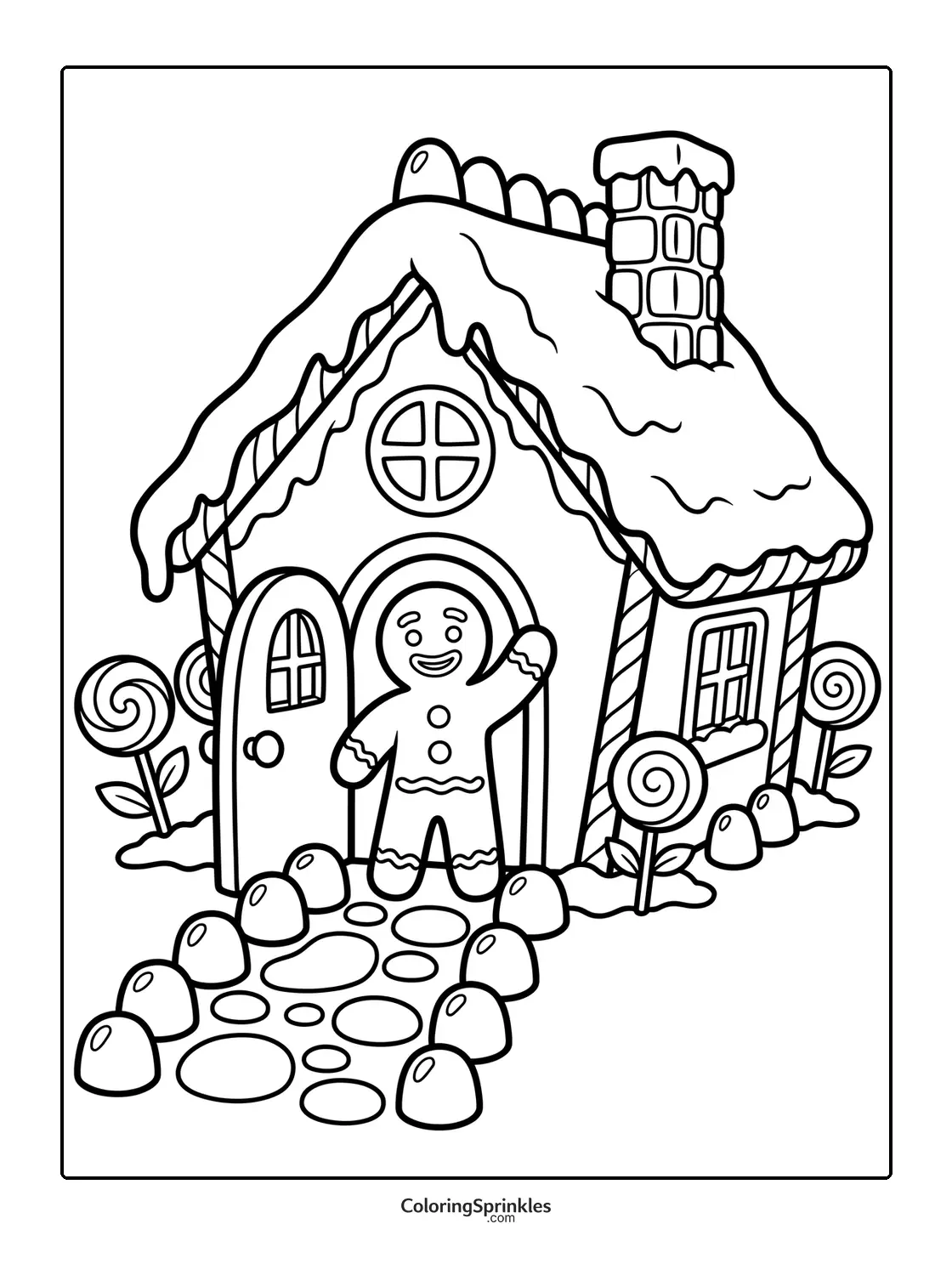 Coloring page of a gingerbread man standing at the door of a candy house with a stone path and lollipops
