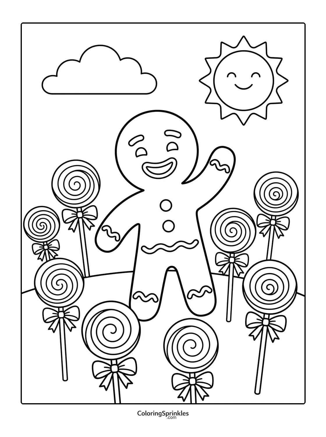 Coloring page of a gingerbread man waving among lollipops with sun and cloud