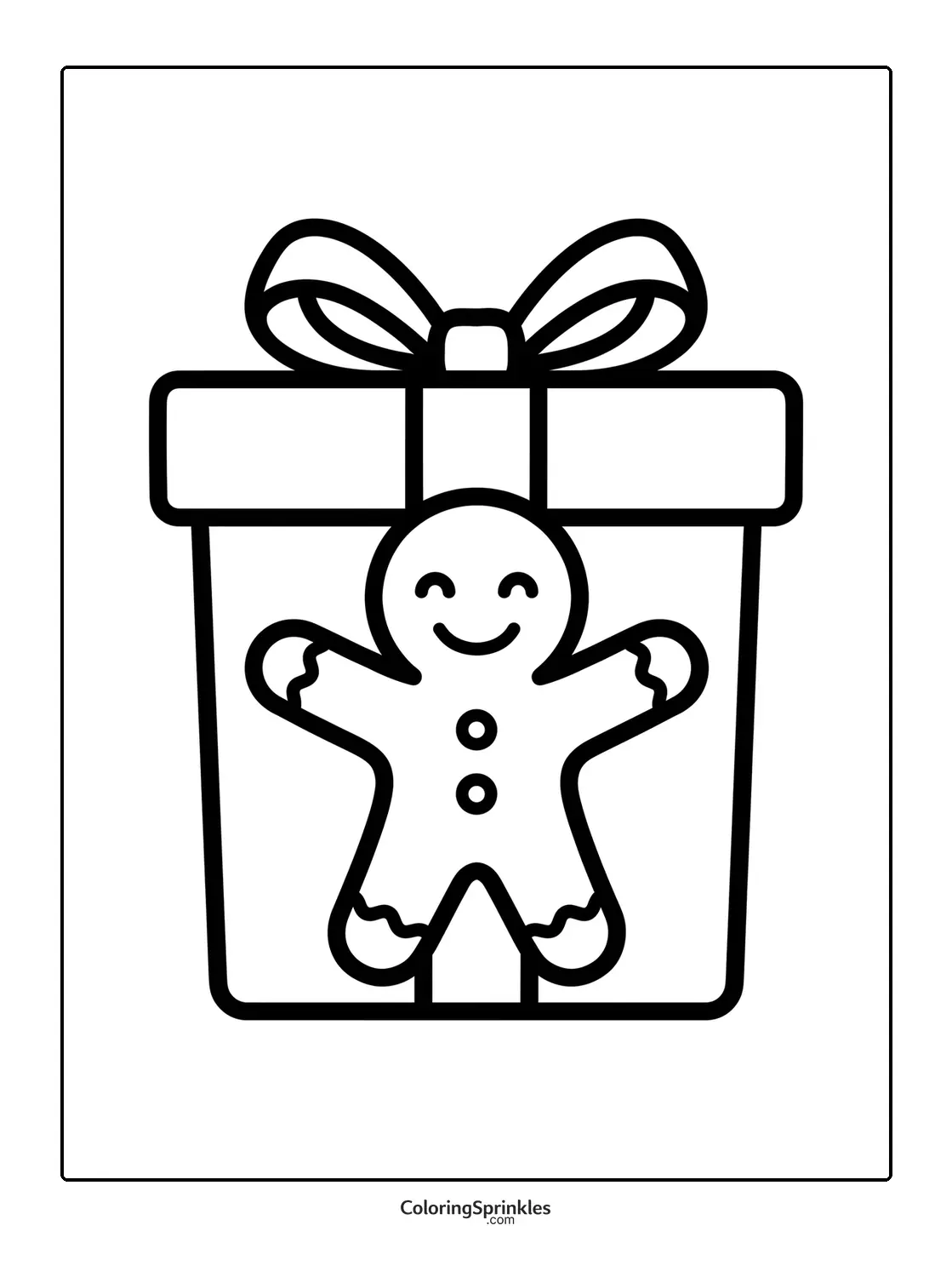 Coloring page of a gingerbread man on a present box with a bow