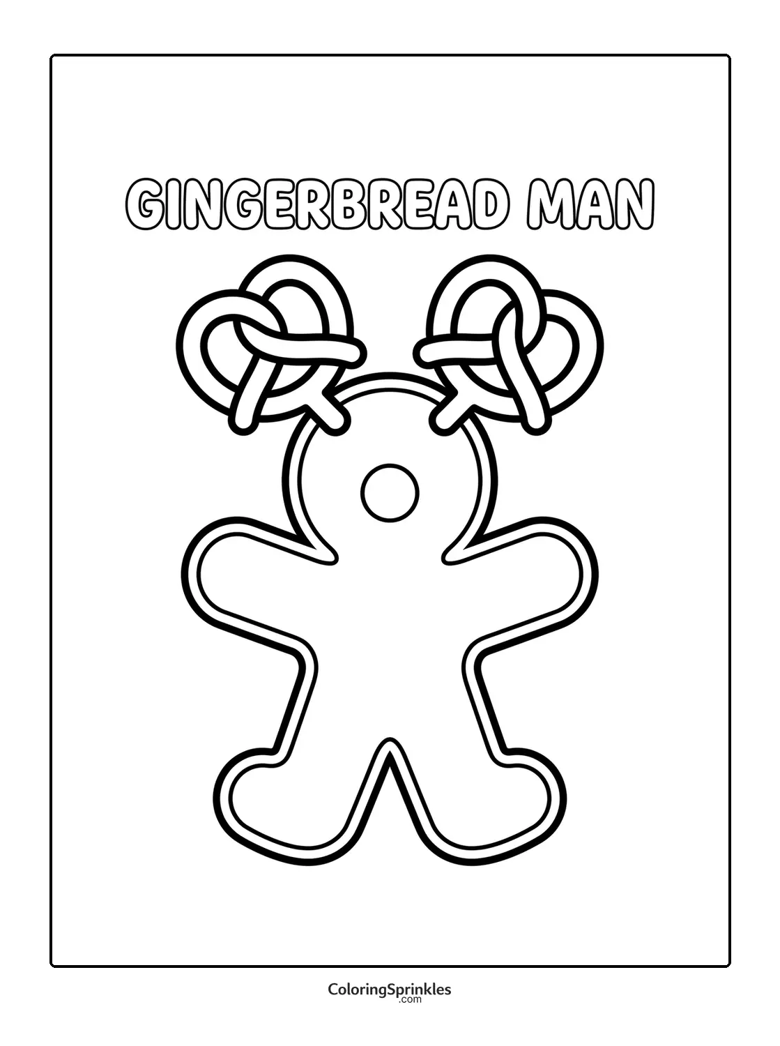Coloring page of a gingerbread man with pretzels on its head