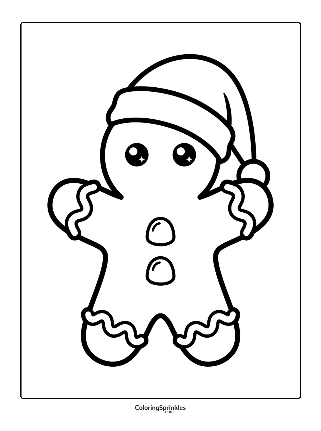 Coloring page of a cute gingerbread man wearing a Santa hat
