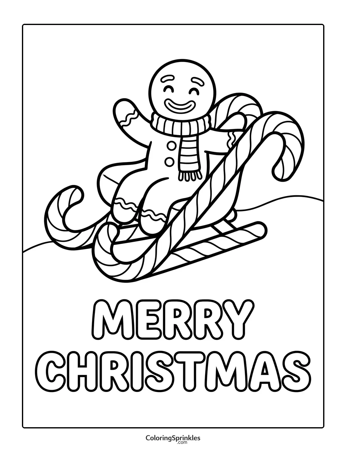 Coloring page of a gingerbread man sledding on a candy cane sled with Merry Christmas text