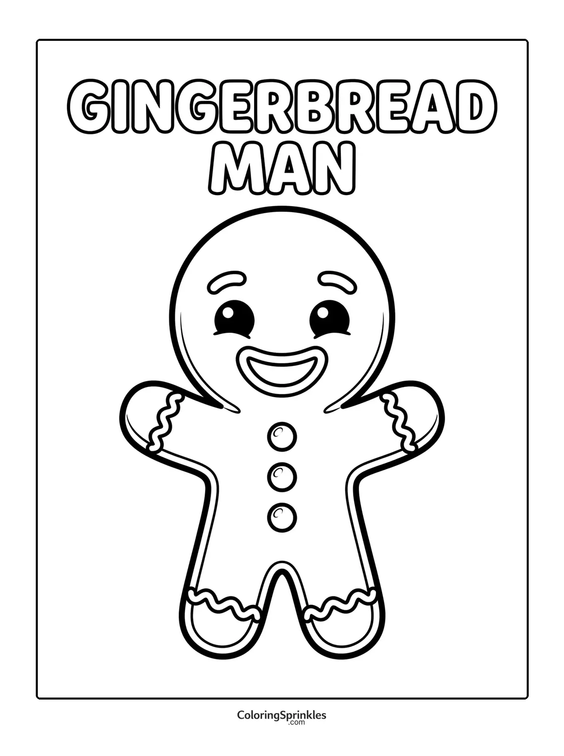 Coloring page of a smiling gingerbread man with icing details