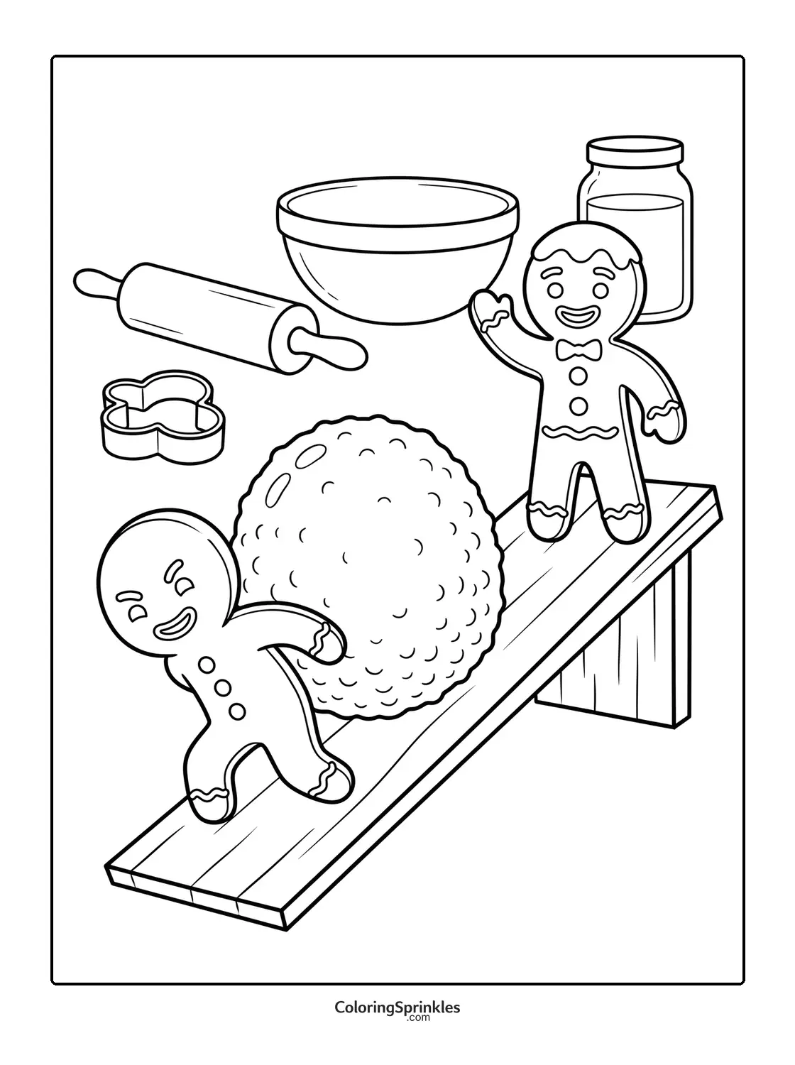 Coloring page of gingerbread men playing near baking tools and dough