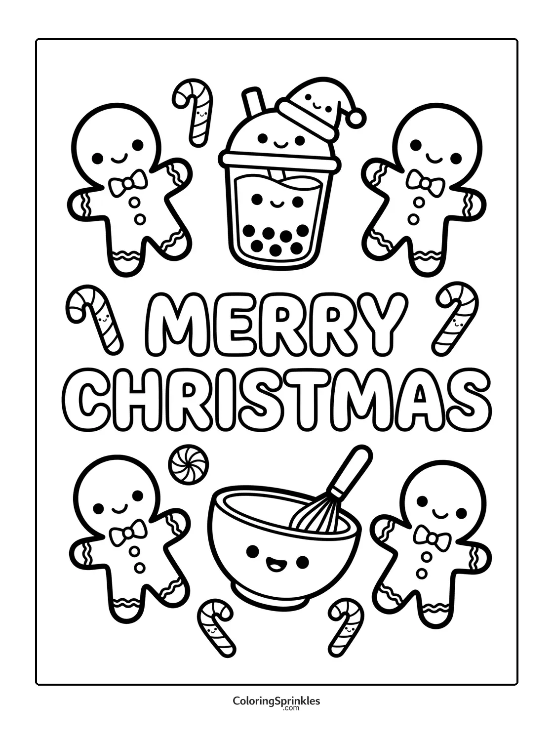 Coloring page of gingerbread men with candy canes and a mixing bowl saying Merry Christmas
