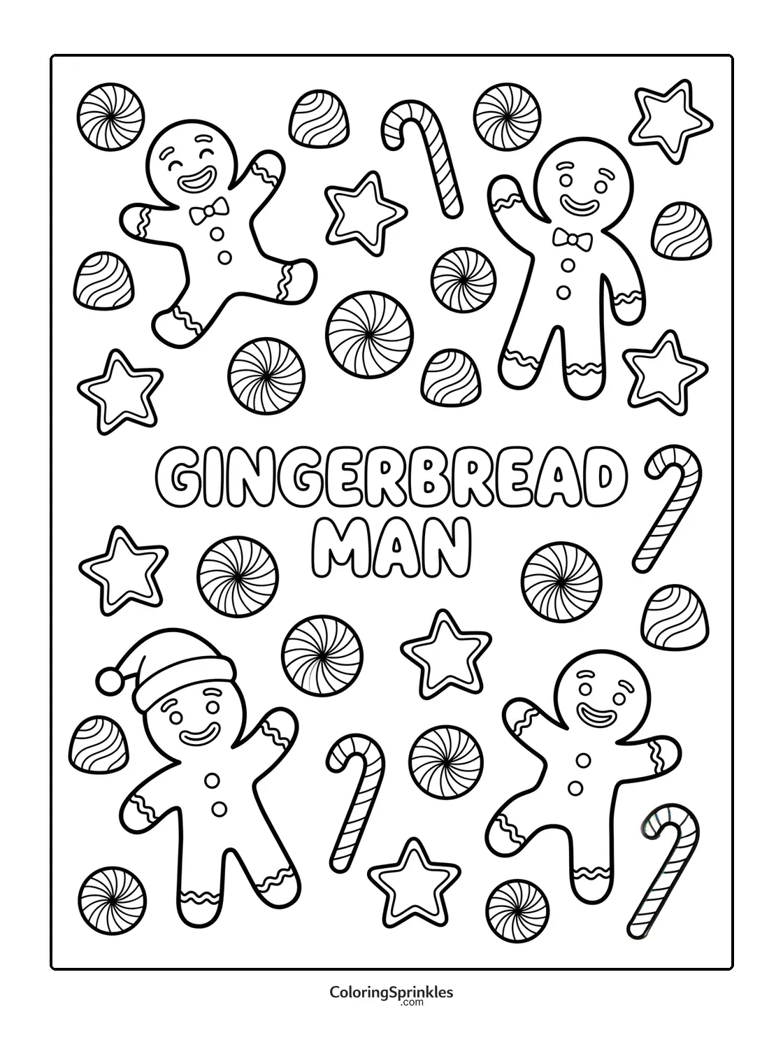 Coloring page of gingerbread men surrounded by candy canes, candies, and stars